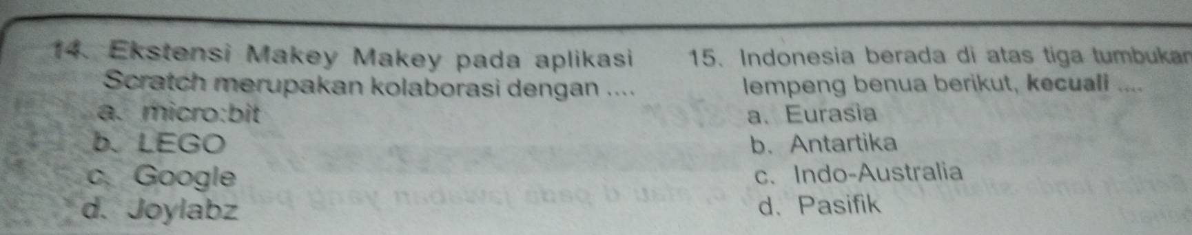Ekstensi Makey Makey pada aplikasi 15. Indonesia berada di atas tiga tumbukar
Scratch merupakan kolaborasi dengan .... lempeng benua berikut, kecuali ....
a. micro:bit a. Eurasia
b. LEGO b. Antartika
c. Google c. Indo-Australia
d. Joylabz d. Pasifik