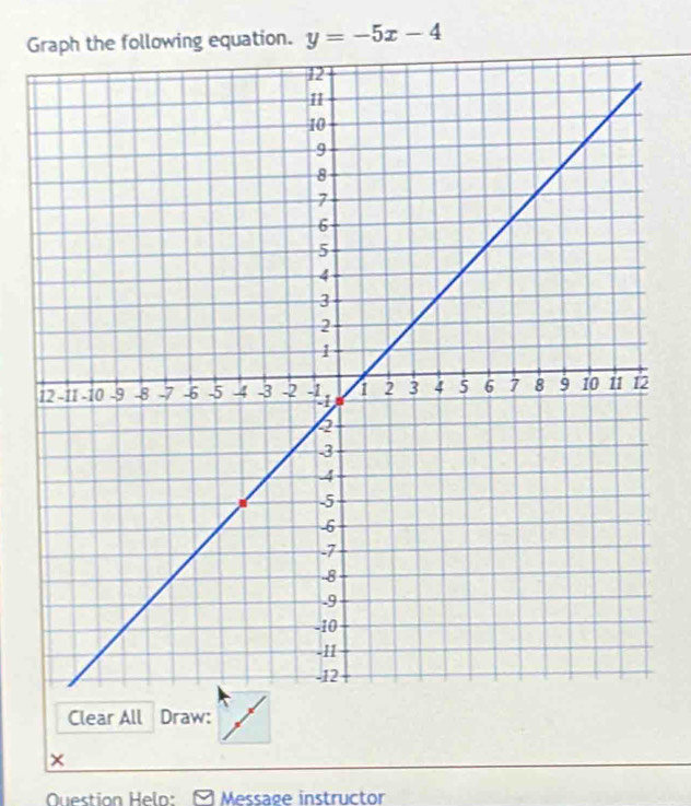 Graph the following equation. y=-5x-4
Clear All Draw: 
× 
Question Helo: [Message instructor