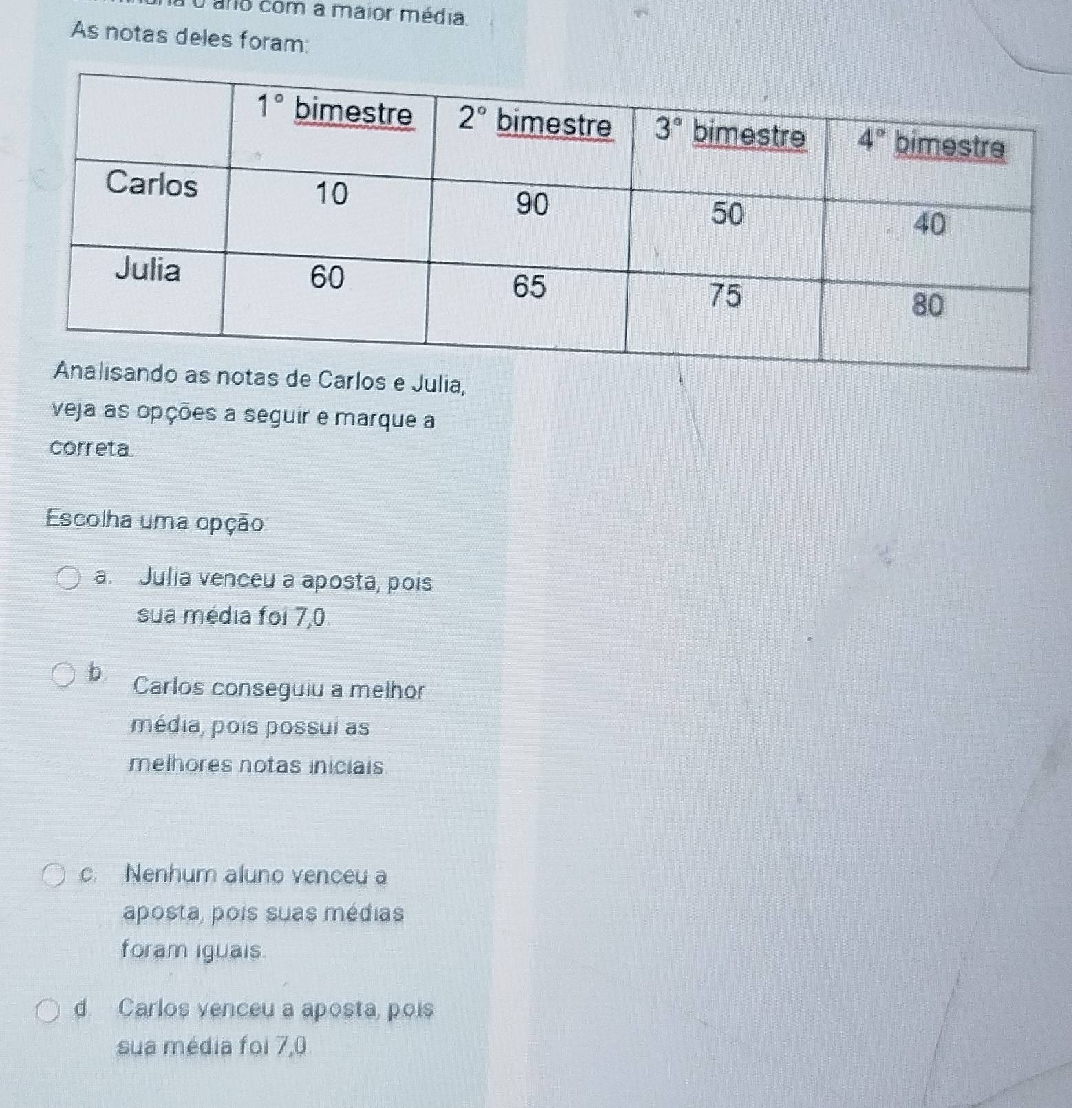 ano com a maior média.
As notas deles foram:
ia,
veja as opções a seguir e marque a
correta.
Escolha uma opção
a. Julia venceu a aposta, pois
sua média foi 7,0.
b.
Carlos conseguiu a melhor
média, pois possui as
melhores notas iniciais
c. Nenhum aluno venceu a
aposta, pois suas médias
foram iguais.
d. Carlos venceu a aposta, pois
sua média foi 7,0