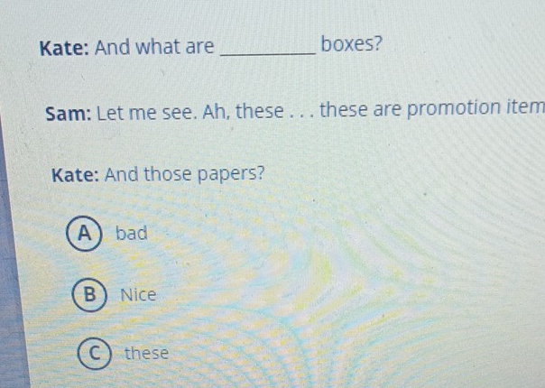 Kate: And what are _boxes?
Sam: Let me see. Ah, these . . . these are promotion item
Kate: And those papers?
A bad
B Nice
C these