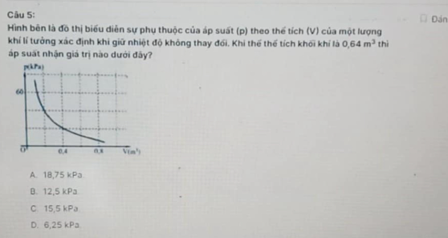 Đản
Hình bên là đồ thị biểu diễn sự phụ thuộc của áp suất (p) theo thể tích (V) của một lượng
khí lí tưởng xác định khi giữ nhiệt độ không thay đối. Khi thế thể tích khối khí là 0,64m^3 thì
áp suất nhận giá trị nào dưới đãy?
A. 18,75 kPa
B. 12,5 kPa
C. 15,5 kPa
D. 6,25 kPa.