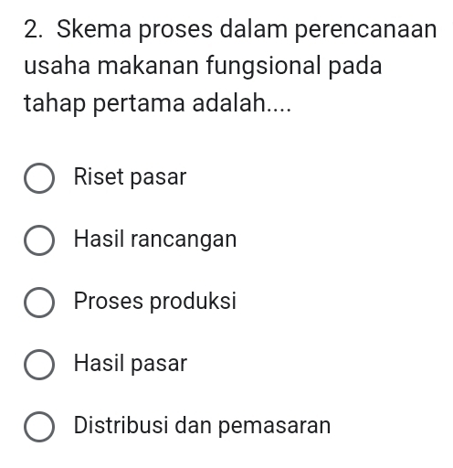 Skema proses dalam perencanaan
usaha makanan fungsional pada
tahap pertama adalah....
Riset pasar
Hasil rancangan
Proses produksi
Hasil pasar
Distribusi dan pemasaran