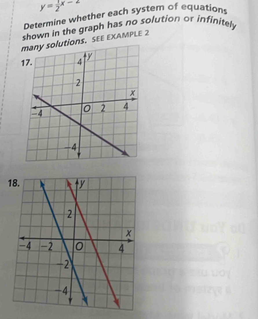 y= 1/2 x-2
Determine whether each system of equations 
shown in the graph has no solution or infinitely 
ions. SEE EXAMPLE 2