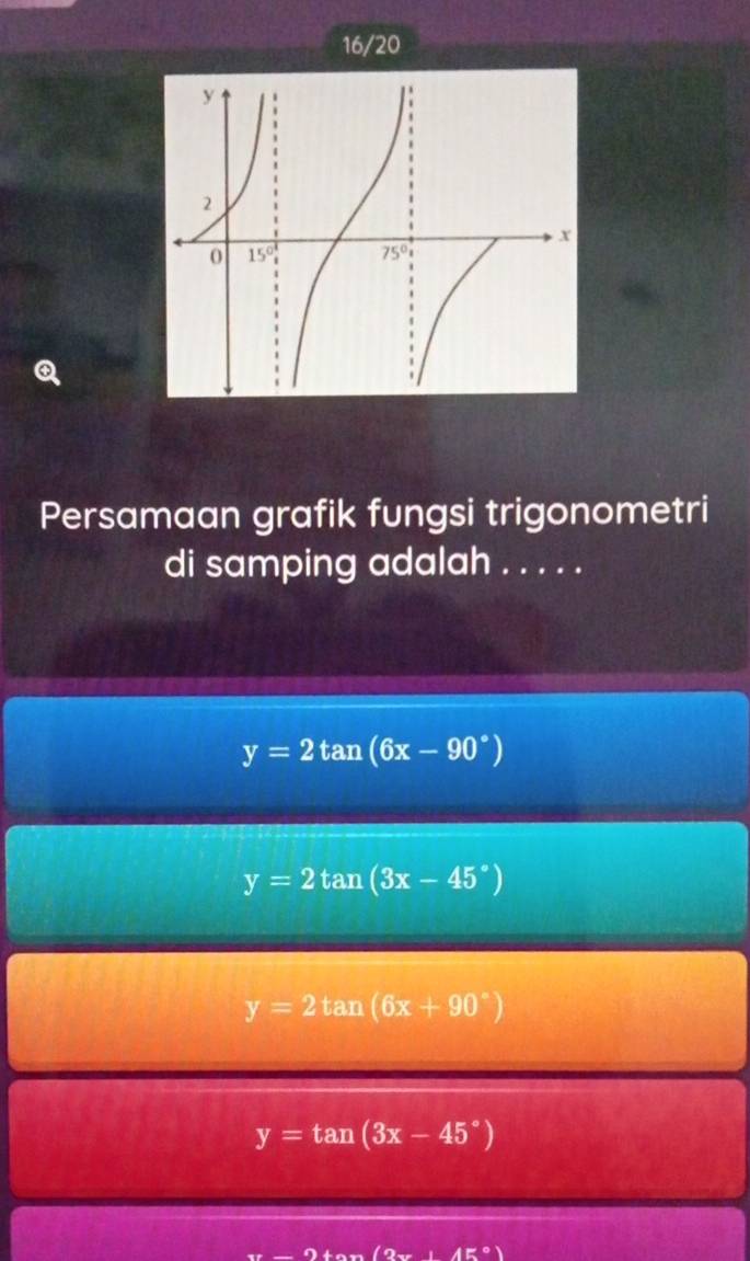 16/20
Persamaan grafik fungsi trigonometri
di samping adalah . . . . .
y=2tan (6x-90°)
y=2tan (3x-45°)
y=2tan (6x+90°)
y=tan (3x-45°)