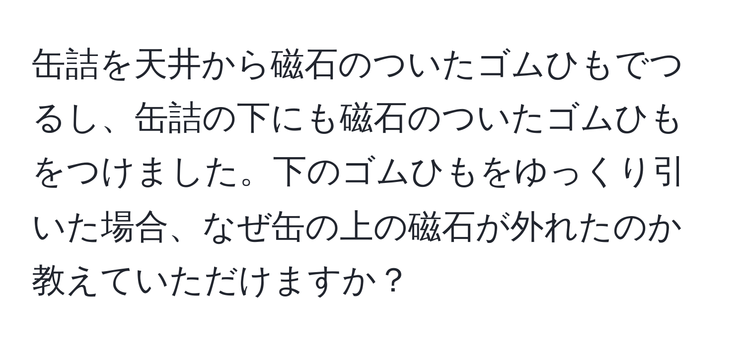 缶詰を天井から磁石のついたゴムひもでつるし、缶詰の下にも磁石のついたゴムひもをつけました。下のゴムひもをゆっくり引いた場合、なぜ缶の上の磁石が外れたのか教えていただけますか？