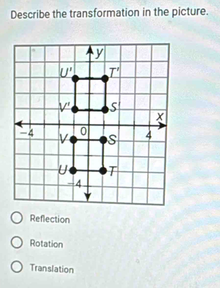 Describe the transformation in the picture.
Reflection
Rotation
Translation