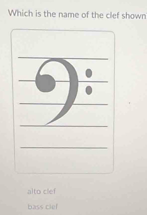 Which is the name of the clef shown
alto clef
bass clef