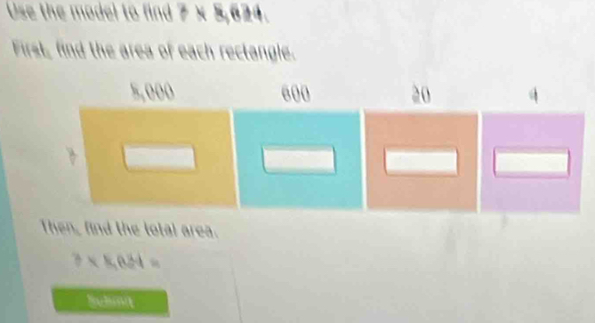 Use the model to find 7 × 35° 624. 
First, find the area of each reclangle. 
Then, find the total area.
7* k,04=