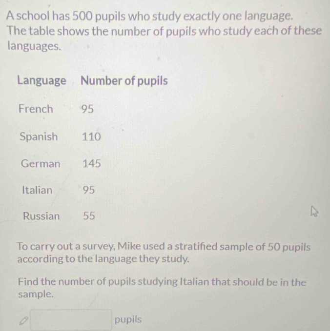 A school has 500 pupils who study exactly one language. 
The table shows the number of pupils who study each of these 
languages. 
To carry out a survey, Mike used a stratifed sample of 50 pupils 
according to the language they study. 
Find the number of pupils studying Italian that should be in the 
sample. 
pupils