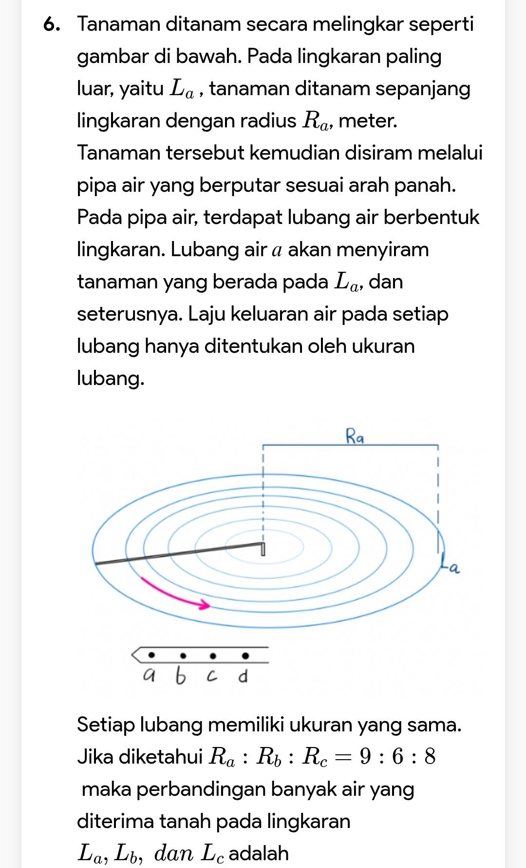 Tanaman ditanam secara melingkar seperti 
gambar di bawah. Pada lingkaran paling 
luar, yaitu L_a , tanaman ditanam sepanjang 
lingkaran dengan radius R_a , meter. 
Tanaman tersebut kemudian disiram melalui 
pipa air yang berputar sesuai arah panah. 
Pada pipa air, terdapat lubang air berbentuk 
lingkaran. Lubang air α akan menyiram 
tanaman yang berada pada L_a , dan 
seterusnya. Laju keluaran air pada setiap 
lubang hanya ditentukan oleh ukuran 
lubang. 
Setiap lubang memiliki ukuran yang sama. 
Jika diketahui R_a:R_b:R_c=9:6:8
maka perbandingan banyak air yang 
diterima tanah pada lingkaran
L_a, L_b , dan L_c adalah