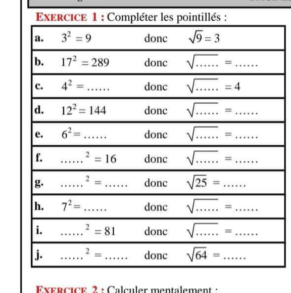 ExércIcé 2 : Calculer mentalement :