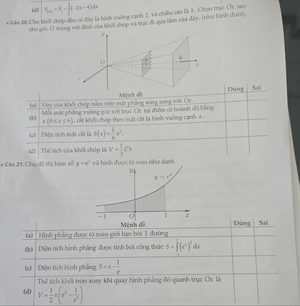 (d) S_(R)=S_1-∈tlimits _2^(3(-2x+4)dx
* Câu 20. Cho khối chóp đều có đáy là hình vuông cạnh L và chiều cao là h. Chọn trục Ox sao
cho gốc O trùng với đình của khối chóp và trục đi qua tâm của đáy. (như hình dưới).
Mệnh đềĐúng Sai
(a) Đáy của khối chóp nằm trên mặt phẳng song song với Ox .
Mỗi mặt phẳng vuông góc với trục Ox tại điểm có hoành độ bằng
(b) x(0≤ x≤ h) , cắt khối chóp theo mặt cắt là hình vuông cạnh a .
(c) Diện tích mặt cắt là S(x)=frac L)hx^2.
(d)  Thể tích của khối chóp là V= 1/3 L^2h.
* Câu 21. Cho đồ thị hàm số y=e^x và hình được tô màu như dưới.
Đúng Sai
(a)  Hình phẳng được tô màu giới hạn bởi 3 đường
(b)  Diện tích hình phẳng được tính bởi công thức S=∈tlimits _(-1)^1(e^x)^2dx
(c)  Diện tích hình phẳng S=e- 1/e 
Thể tích khối tròn xoay khi quay hình phẳng đó quanh trục Ox là
(d) V= 1/2 π (e^2- 1/e^2 )