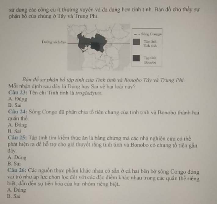 sử dụng các công cụ ít thường xuyên và da dang hơn tinh tinh. Bản đồ cho thấy sự
phân bố của chúng ở Tây và Trung Phi.
Bán đồ sự phân bố tập tính của Tinh tính và Bonobo Tây và Trung Phí.
Mỗi nhận dịnh sau dây là Đùng hay Sai về hai loài này?
Câu 23: Tên chi Tinh tinh là troglodytes.
A. Đúng
B. Sai
Câu 24: Sông Congo đã phần chia tổ tiên chung của tinh tinh và Bonobo thành hai
quân thể
A. Đúng
B. Sai
Câu 25: Tập tính tim kiểm thức ăn là bằng chứng mả các nhà nghiên cứu có thể
phát hiện ra dề hỗ trợ cho giả thuyết răng tinh tinh và Bonobo có chung tổ tiên gần
đây
A. Dúng
B. Sai
Cầu 26: Các nguồn thực phẩm khác nhau có sẵn ở cả hai bên bờ sông Congo đóng
vai trò như áp lực chọn lọc đôi với các đặc điểm khác nhau trong các quân thể riêng
biệt, dẫn dến sự tiên hóa của hai nhóm riêng biệt.
A. Dúng
B. Sai