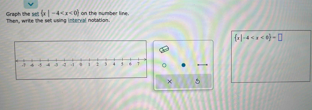 Graph the set  x|-4 on the number line. 
Then, write the set using interval notation.
 x|-4
×