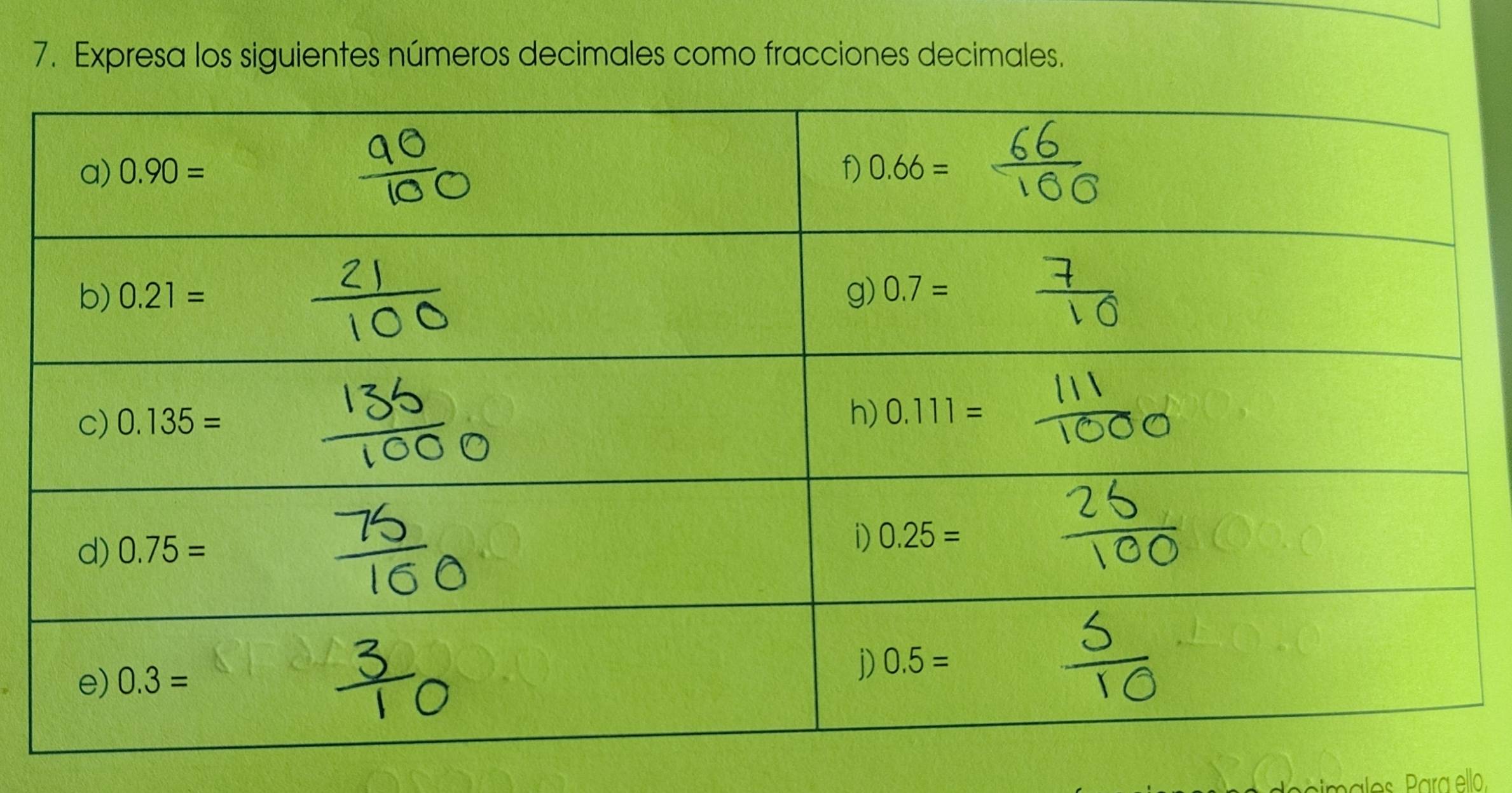 Expresa los siguientes números decimales como fracciones decimales.
males.  Para ello.