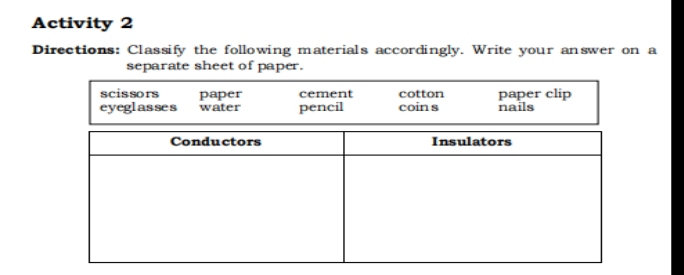 Activity 2
Directions: Classify the following materials accordingly. Write your answer on a
separate sheet of paper.
scissors paper cement cotton paper clip
eyeglasses water pencil coin s nails