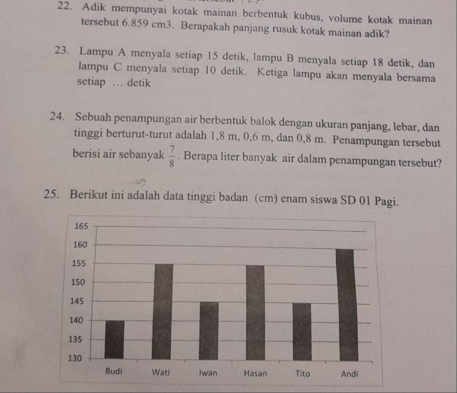 Adik mempunyai kotak mainan berbentuk kubus, volume kotak mainan 
tersebut 6.859 cm3. Berapakah panjang rusuk kotak mainan adik? 
23. Lampu A menyala setiap 15 detik, lampu B menyala setiap 18 detik, dan 
lampu C menyala setiap 10 detik. Ketiga lampu akan menyala bersama 
setiap … detik 
24. Sebuah penampungan air berbentuk balok dengan ukuran panjang, lebar, dan 
tinggi berturut-turut adalah 1,8 m, 0,6 m, dan 0,8 m. Penampungan tersebut 
berisi air sebanyak  7/8 . Berapa liter banyak air dalam penampungan tersebut? 
25. Berikut ini adalah data tinggi badan (cm) enam siswa SD 01 Pagi.