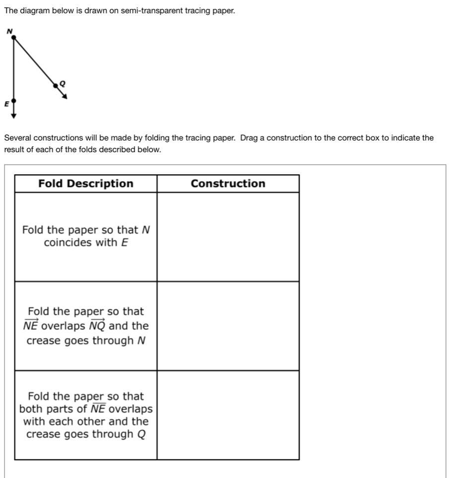 The diagram below is drawn on semi-transparent tracing paper.
Several constructions will be made by folding the tracing paper. Drag a construction to the correct box to indicate the
result of each of the folds described below.