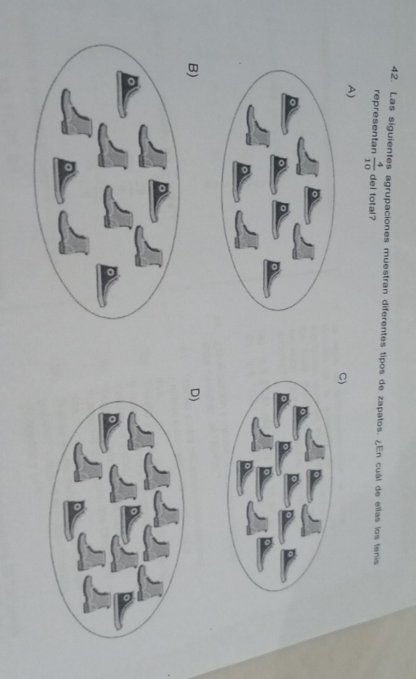 Las siguientes agrupaciones muestran diferentes tipos de zapatos. ¿En cuál de ellas los tenis
representan  4/10  del total?
A)
C)
B)