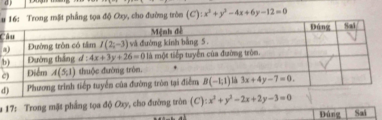 ung mặt phẳng tọa độ Oxy, cho đường tròn (C): x^2+y^2-4x+6y-12=0
C
a
b
c
d
* 17: Trong mặt phẳng tọa độ Oxy, cho đường tròn (C):
Đúng Sai