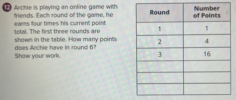 Archie is playing an online game with 
friends. Each round of the game, he 
earns four times his current point 
total. The first three rounds are 
shown in the table. How many points 
does Archie have in round 6? 
Show your work.