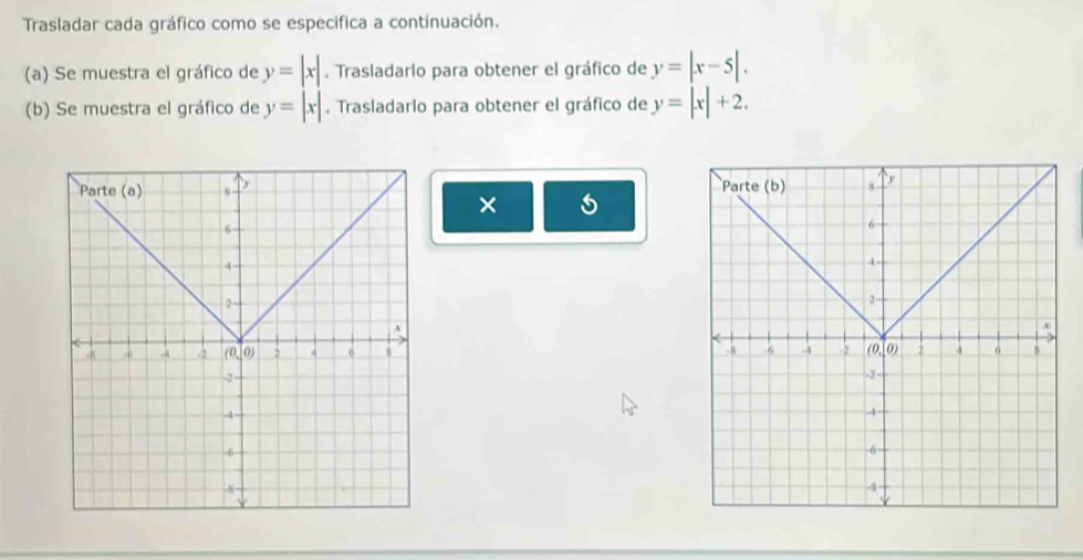 Trasladar cada gráfico como se especifica a continuación.
(a) Se muestra el gráfico de y=|x|. Trasladarlo para obtener el gráfico de y=|x-5|.
(b) Se muestra el gráfico de y=|x| , Trasladarlo para obtener el gráfico de y=|x|+2.

×