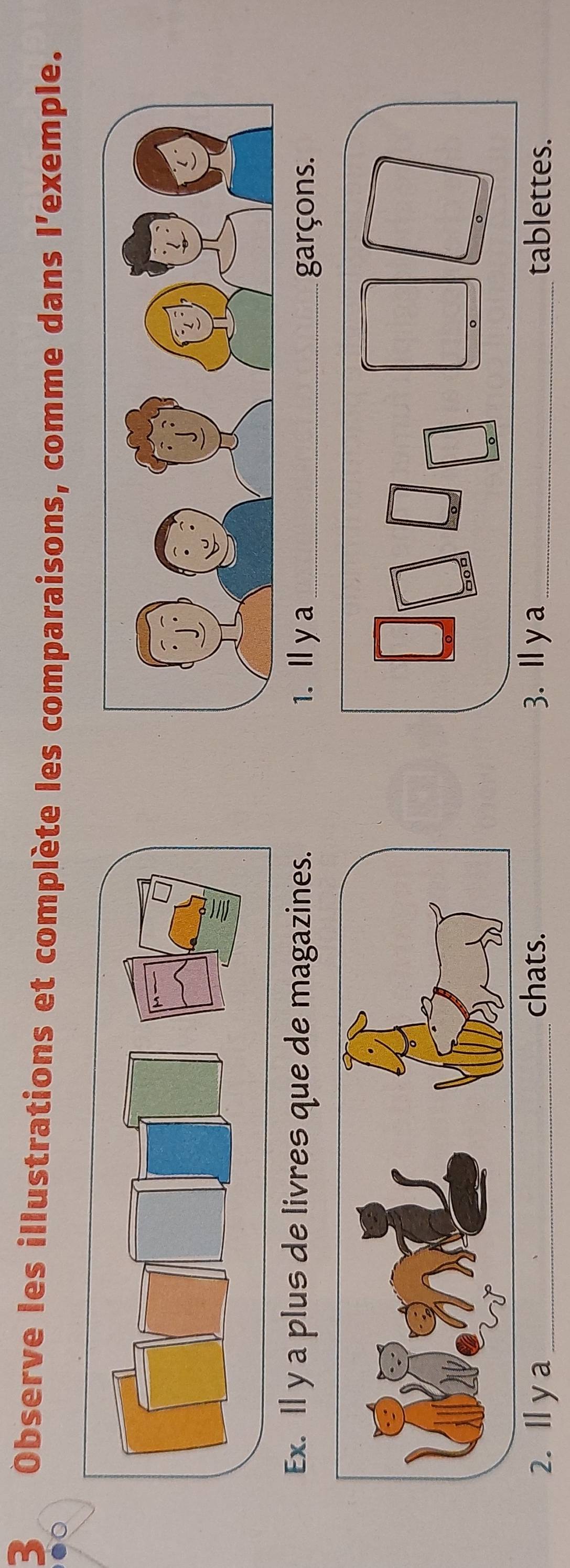 Observe les illustrations et complète les comparaisons, comme dans l’exemple. 
●○ 
Ex. ll y a plus de livres que de magazines. 1. I ya_ 
garçons. 
2. Ⅱy a_ chats. 3. ly a _tablettes.