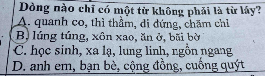 Dòng nào chỉ có một từ không phải là từ láy?
A. quanh co, thì thầm, đi đứng, chăm chỉ
B, lúng túng, xôn xao, ăn ở, bãi bờ
C. học sinh, xa lạ, lung linh, ngồn ngang
D. anh em, bạn bè, cộng đồng, cuồng quýt