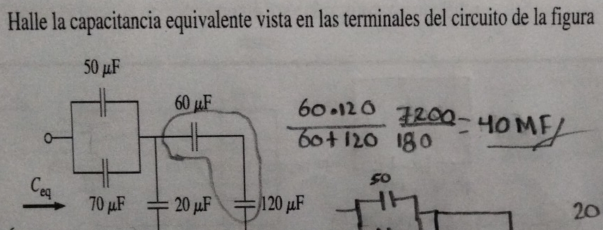 Halle la capacitancia equivalente vista en las terminales del circuito de la figura
50