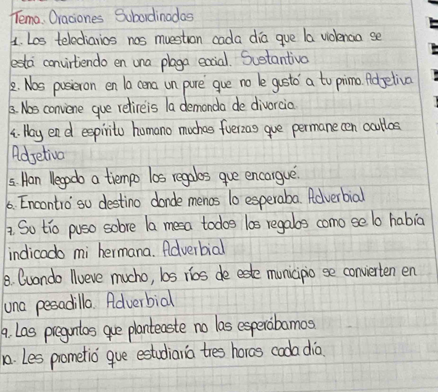 Temo. Oraciones Subordinadas 
4. Los telediarios nos muestron cada dia gue la violenca se 
lesta convirtiendo en una plaga excial. Sustantiva 
2. Nos pusieron en la cena un pure gue no le gusto a to pimo. Adgetiva 
5. Nos conviene gue reliceis la demonda de divorcio. 
4. May end espirito homano muchas fuerzas gue permanecen cullos 
Adsetival 
5. Han Negodo a tiempo los regales gue encargue. 
6. Encontroso destino donde menos 10 esperaba. Adverbial 
A. So tio puso solve la mesa todos los regabos como se lo habia 
indicado mi hermana. Adverbial 
8. Quondo Ilueve mucho, los rios de este municipio se convierten en 
uuna pesadilla. Adverbial 
9. Las pregontos que planteaste no las esperabamos 
10. Les prometio que estudiaria tres hors coda dia.