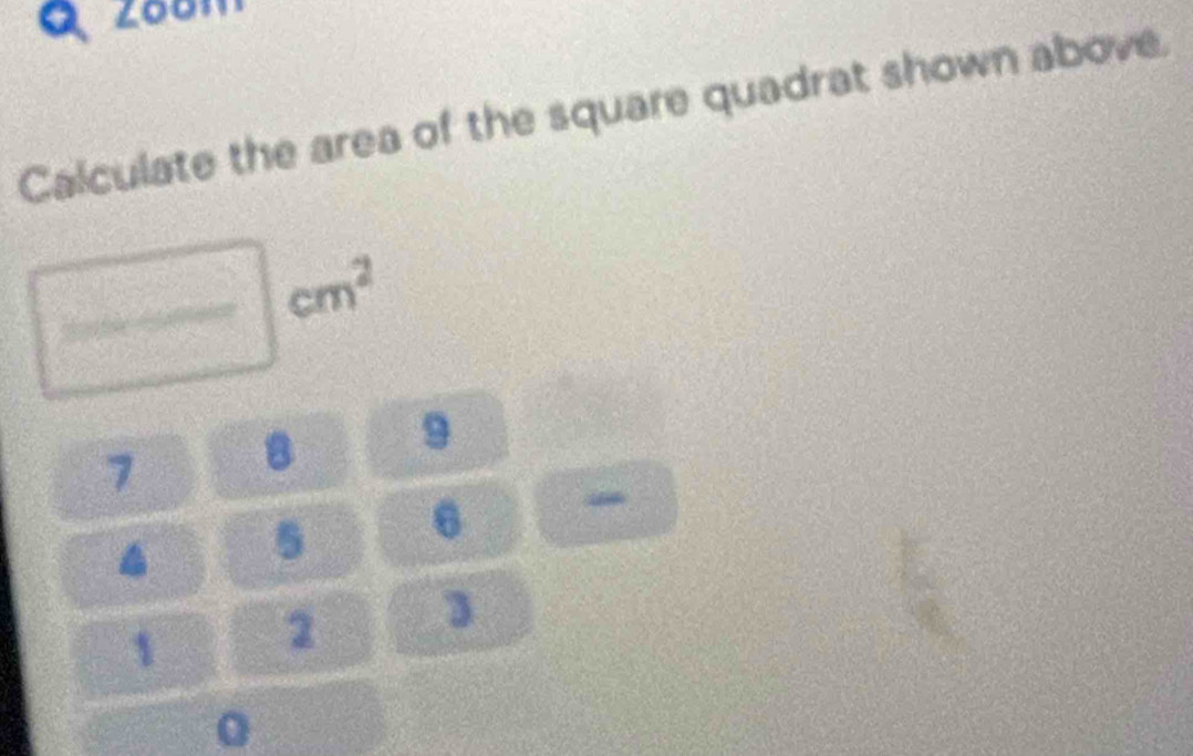 Calculate the area of the square quadrat shown above.
cm^2
7 B 9
5 6
1 2 3
0