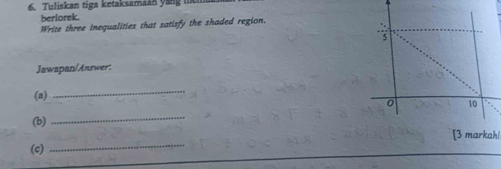 Tuliskan tiga ketaksamaan yang mem 
berlorek. 
Write three inequalities that satisfy the shaded region. 
Jawapan/Answer: 
(a) 
_ 
(b) 
_ 
[3 markah/ 
(c) 
_