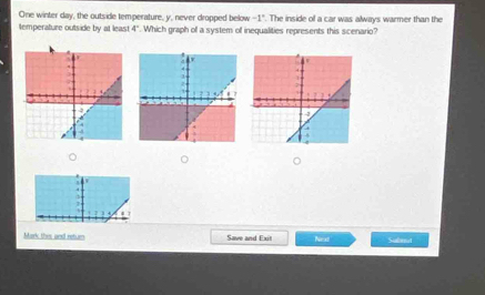 One winter day, the outside temperature, y, never dropped below -1. The inside of a car was always warmer than the 
temperature outside by at least 4". Which graph of a system of inequalities represents this scenario? 
C 
Mark this and neturn Save and Exit Next Subet