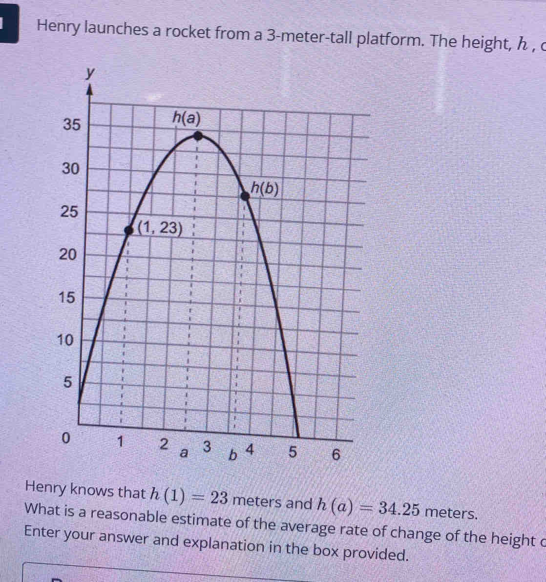 Henry launches a rocket from a 3-meter-tall platform. The height, h , c
Henry knows that h(1)=23 meters and h(a)=34.25 meters.
What is a reasonable estimate of the average rate of change of the height c
Enter your answer and explanation in the box provided.