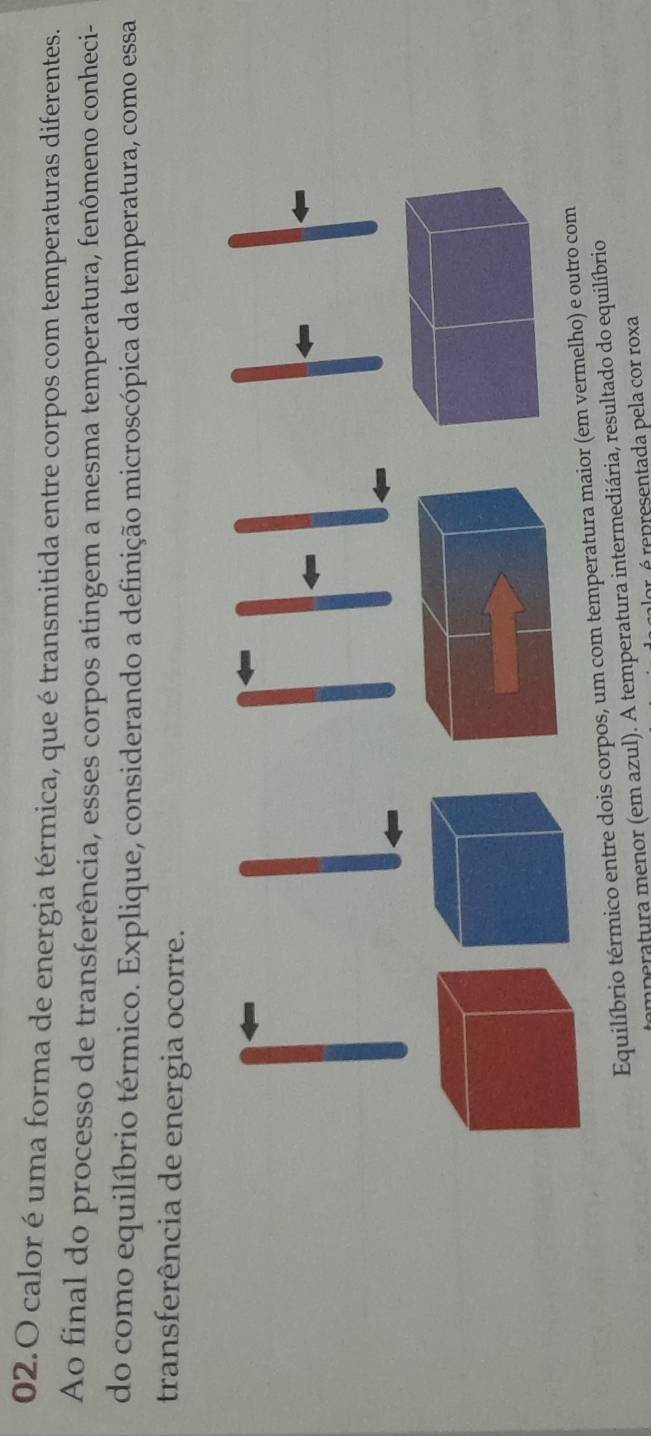 calor é uma forma de energia térmica, que é transmitida entre corpos com temperaturas diferentes. 
Ao final do processo de transferência, esses corpos atingem a mesma temperatura, fenômeno conheci- 
do como equilíbrio térmico. Explique, considerando a definição microscópica da temperatura, como essa 
transferência de energia ocorre. 
Equilíbrio térmico entre dois corpos, um com temperatura maior (em vermelho) e outro com 
mperatura menor (em azul). A temperatura intermediária, resultado do equilíbrio 
or é representada pela cor roxa