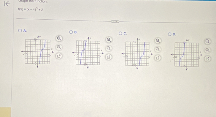 Graph the function.
f(x)=(x-4)^3+2
A. 
B. 
C. 
D.