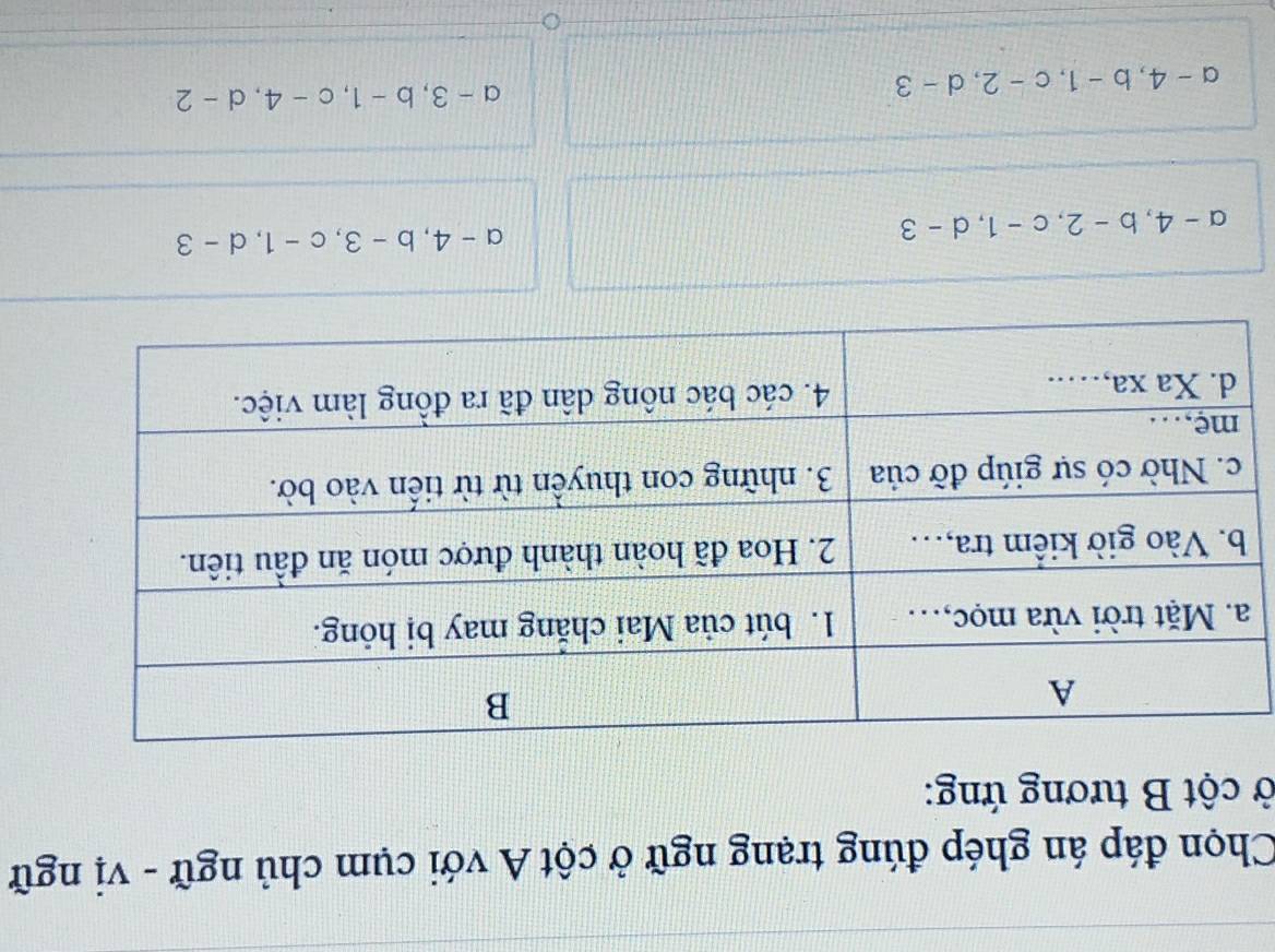 Chọn đáp án ghép đúng trạng ngữ ở cột A với cụm chủ ngữ - vị ngữ
ở cột B tương ứng:
a-4, b-2, c-1, d-3
a-4, b-3, c-1, d-3
a-4, b-1, c-2, d-3
a-3, b-1, c-4, d-2