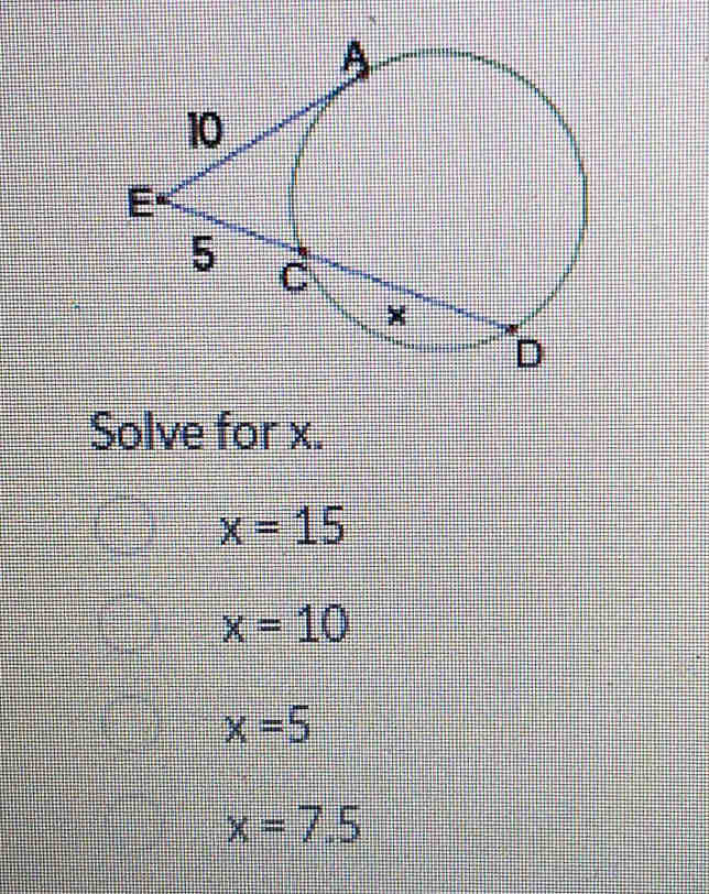 Solve for x.
x=15
x=10
x=5
x=7.5