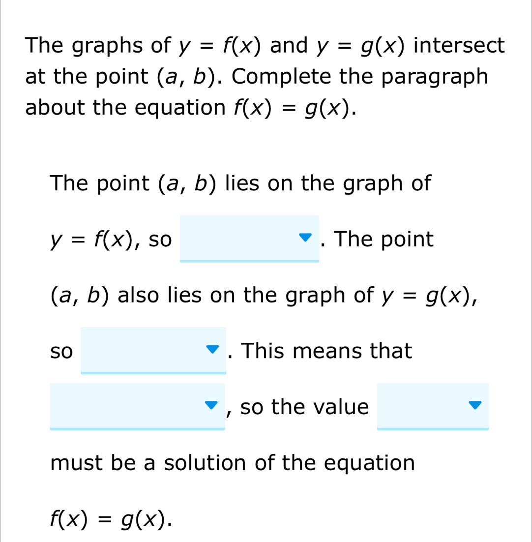 The graphs of y=f(x) and y=g(x) intersect at the point (a,b). Complete ...