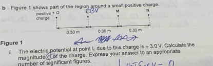 Figure 1 shows part of the region around a small positive charge.
M N
positive + Q charge
0.30 m 0.30 m 0.30 m
Figure 1 
I The electric potential at point L due to this charge is + 3.0V. Calculate the 
magnitude of the charge. Express your answer to an appropriate 
number of significant figures.