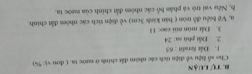 tự luận 
Cho số liệu về diện tích các nhóm đất chính ở nước ta. ( đơn vị: %) 
1. Đất feralit : 65
2. Đất phù sa: 24
3. Đất mùn núi cao: 11 
a, Vẽ biểu đồ tròn ( bán kính 3cm) về diện tích các nhóm đất chính. 
b, Nêu vai trò và phân bố các nhóm đất chính của nước ta.