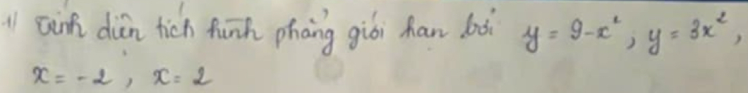 1l ainh diān tich funh phāng giói han bà y=9-x^2, y=3x^2,
x=-2, x=2