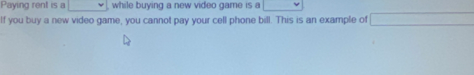 Paying rent is a while buying a new video game is a 
If you buy a new video game, you cannot pay your cell phone bill. This is an example of □