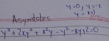 y=0, y=-x
Asts y=x+1 _
y^3+2xy^2+x^2y-y^2-xy+2=0