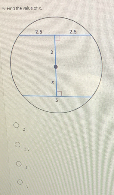 Find the value of x.
2
2.5
4
5