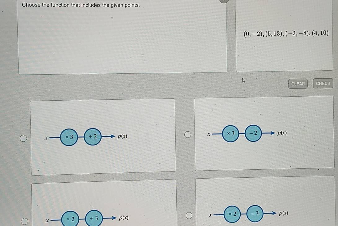 Choose the function that includes the given points.
(0,-2), (5,13), (-2,-8), (4,10)
CLEAR CHECK
x × 3 + 2 p(x) x ×3 -2 p(x)
x × 2 + 3 p(x) x × 2 - 3 p(x)