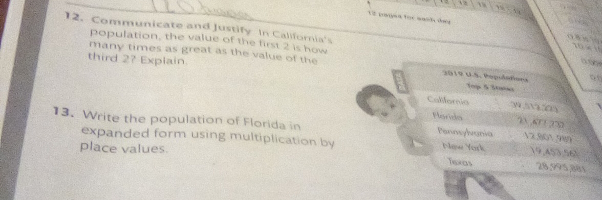 T2 pagea for each day 
How 
12. Communicate and Justify In California's 
O a 
population, the value of the first 2 is how 
1091 
many times as great as the value of the 00
0.00
third 2? Explain. Tep 5 Stetar 
2019 U.S. Pepulations 
Califoria 39,5V, 3%
Flarida 
2 KT1 3D 
13. Write the population of Florida in Pennsylvania 12,801,989
expanded form using multiplication by New York 19,453,561
place values. Texas 28,995,881