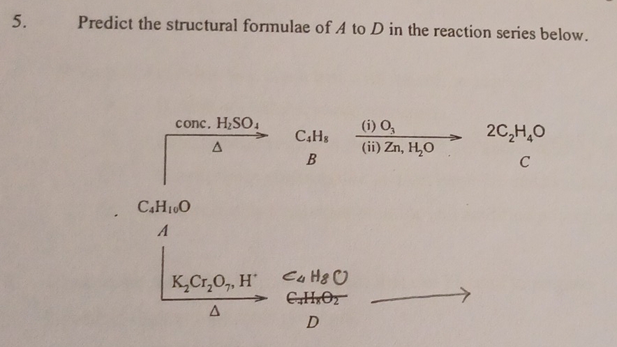 Predict the structural formulae of A to D in the reaction series below.
C onC, H_2SO_4
beginarrayr C_4H_8 Bendarray frac (i)O_3(ii)Zn,H_2Oto 2C_2H_4O° 
C
C_4H_10O
A
K_2Cr_2O_7,H^+
4 beginarrayr C_4H_8O_2 Dendarray