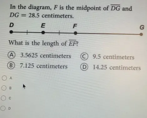 Solved: In the diagram, F is the midpoint of overline DG and DG=28.5 ...