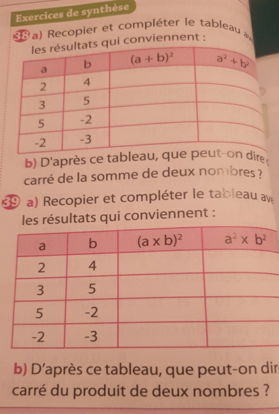 Exercices de synthèse
a) Recopier et compléter le tableau av
ui conviennent :
b) D'après ce table
carré de la somme de deux nombres ?
a) Recopier et compléter le tableau ave
les résultats qui conviennent :
b) D’après ce tableau, que peut-on dir
carré du produit de deux nombres ?